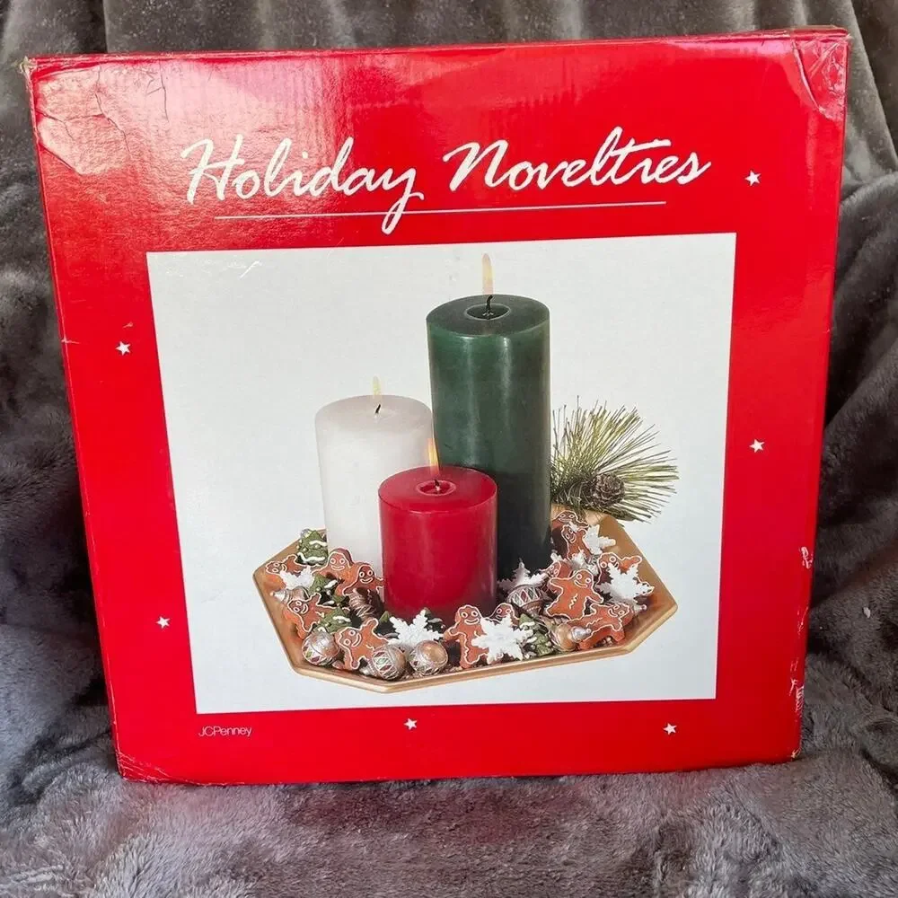 Christmas Candle Set & Decor Red Green White Candles Gold Tone Holder & Box Vtg